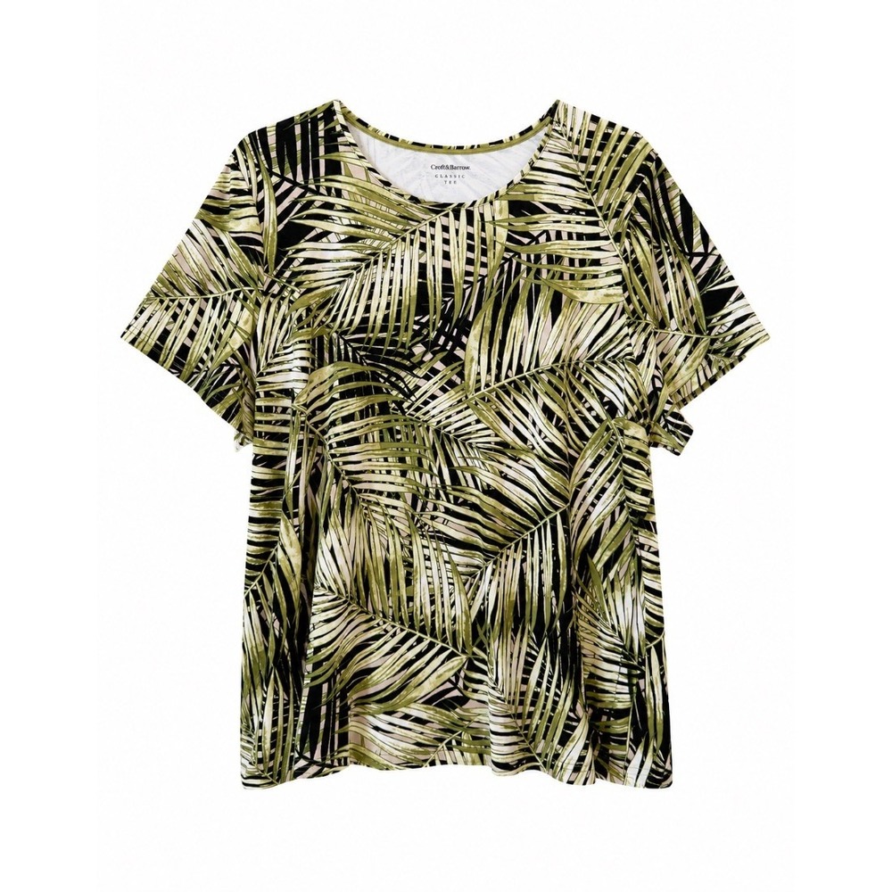 Croft Barrow Womens Plus 2X Classic Tee Green Black Palm Leaf Print Cotton Top